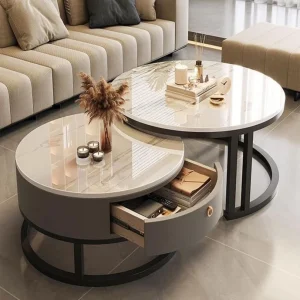 Center Table Set, Round Wood and Marble