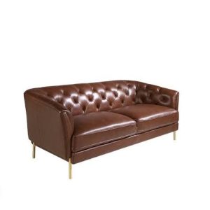Two Seat Sofa, Brown Leather with Gold Frame