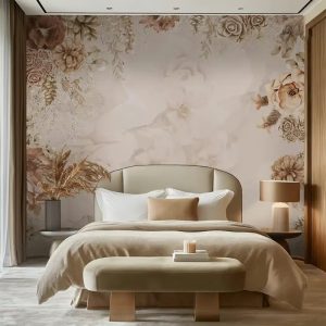 Beige Floral Mural Wallpaper