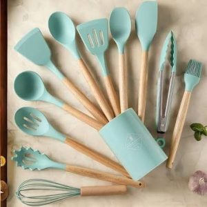 Silicone Utensil Set with Wooden Handles